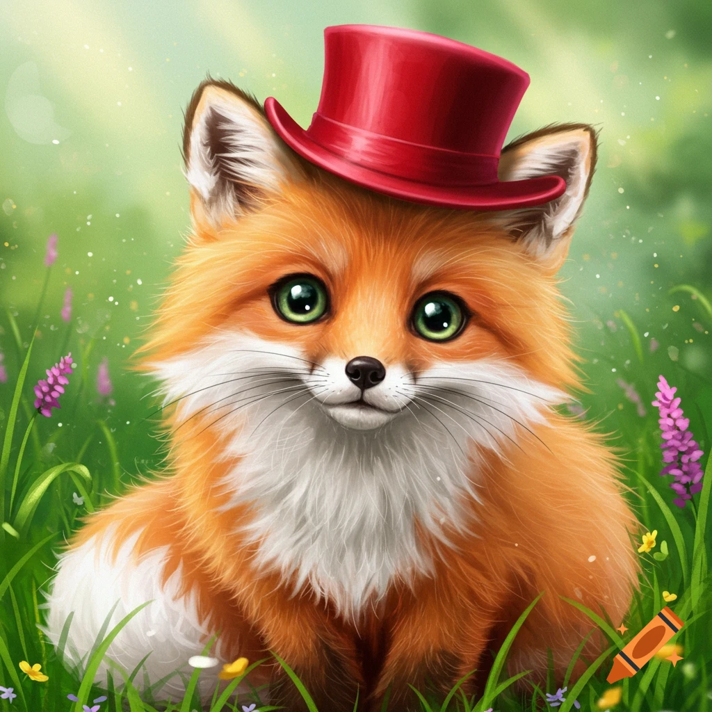 A cute stylized fox wears a red top hat while sitting in a field of green grass and flowers.