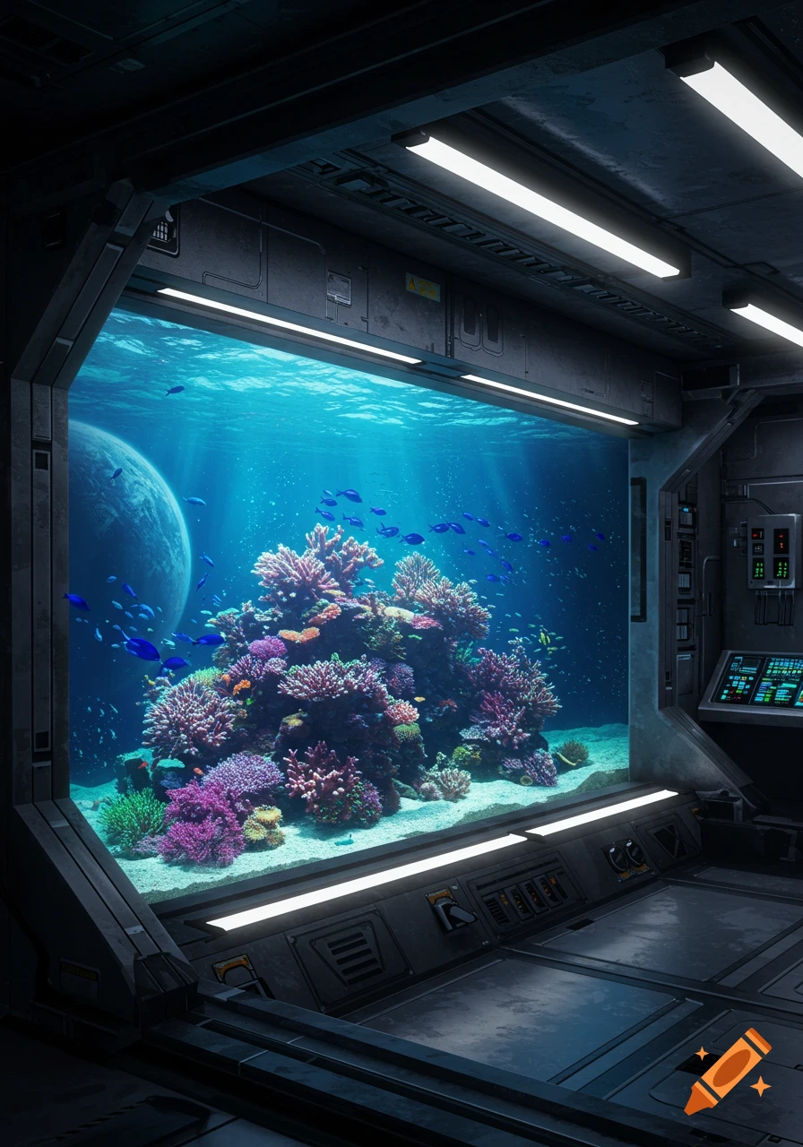 A large aquarium filled with colorful coral and fish is built into the wall of a futuristic spaceship, with a view of a planet outside.