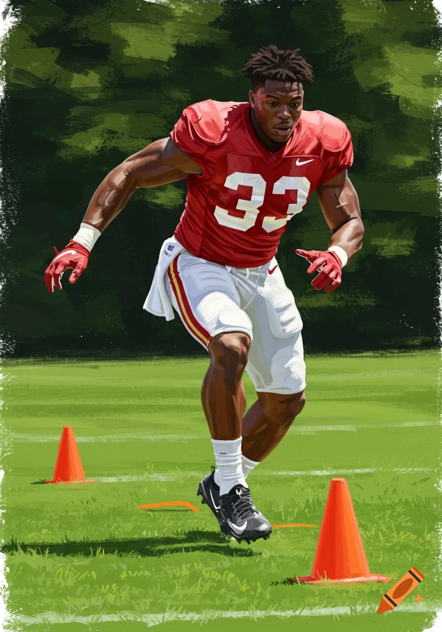 Illustration of an American football player doing quick cuts around cones on a field.