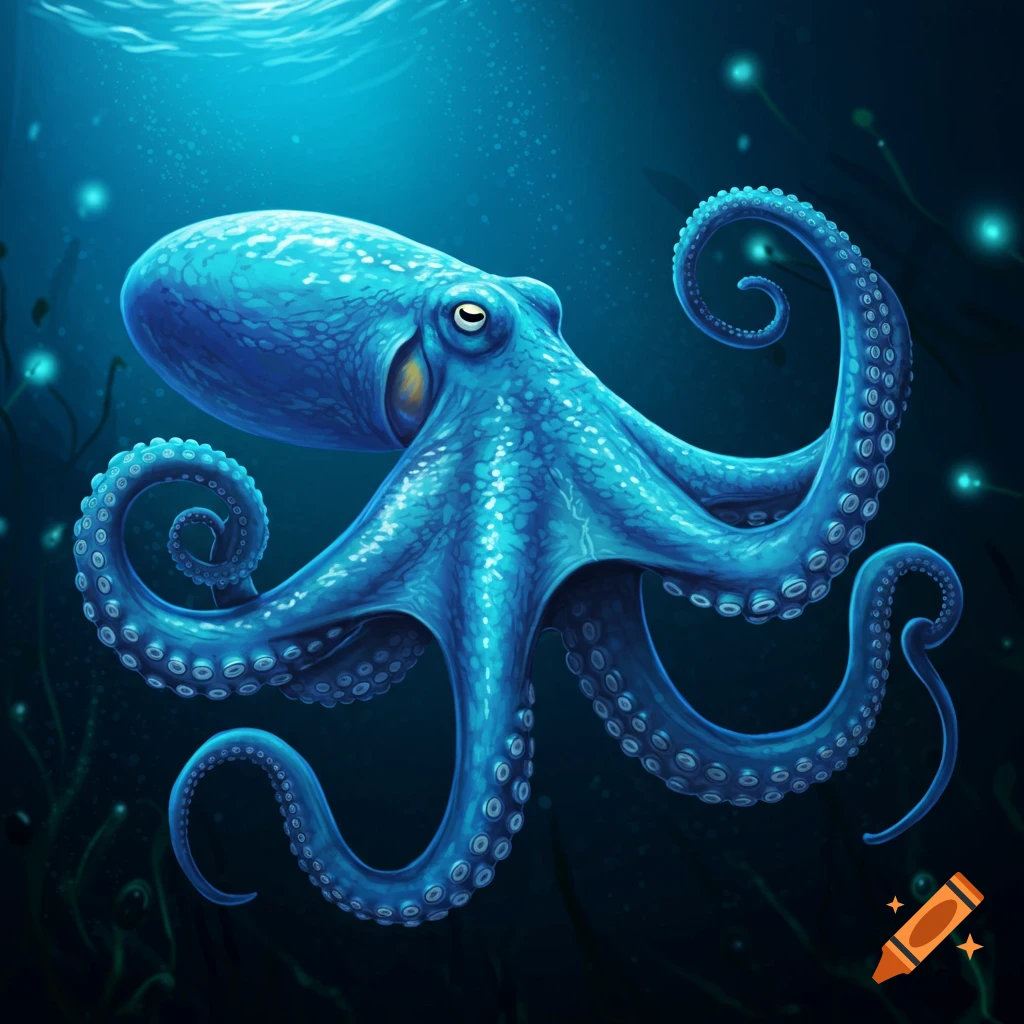 A blue octopus swims in the ocean in an illustration.