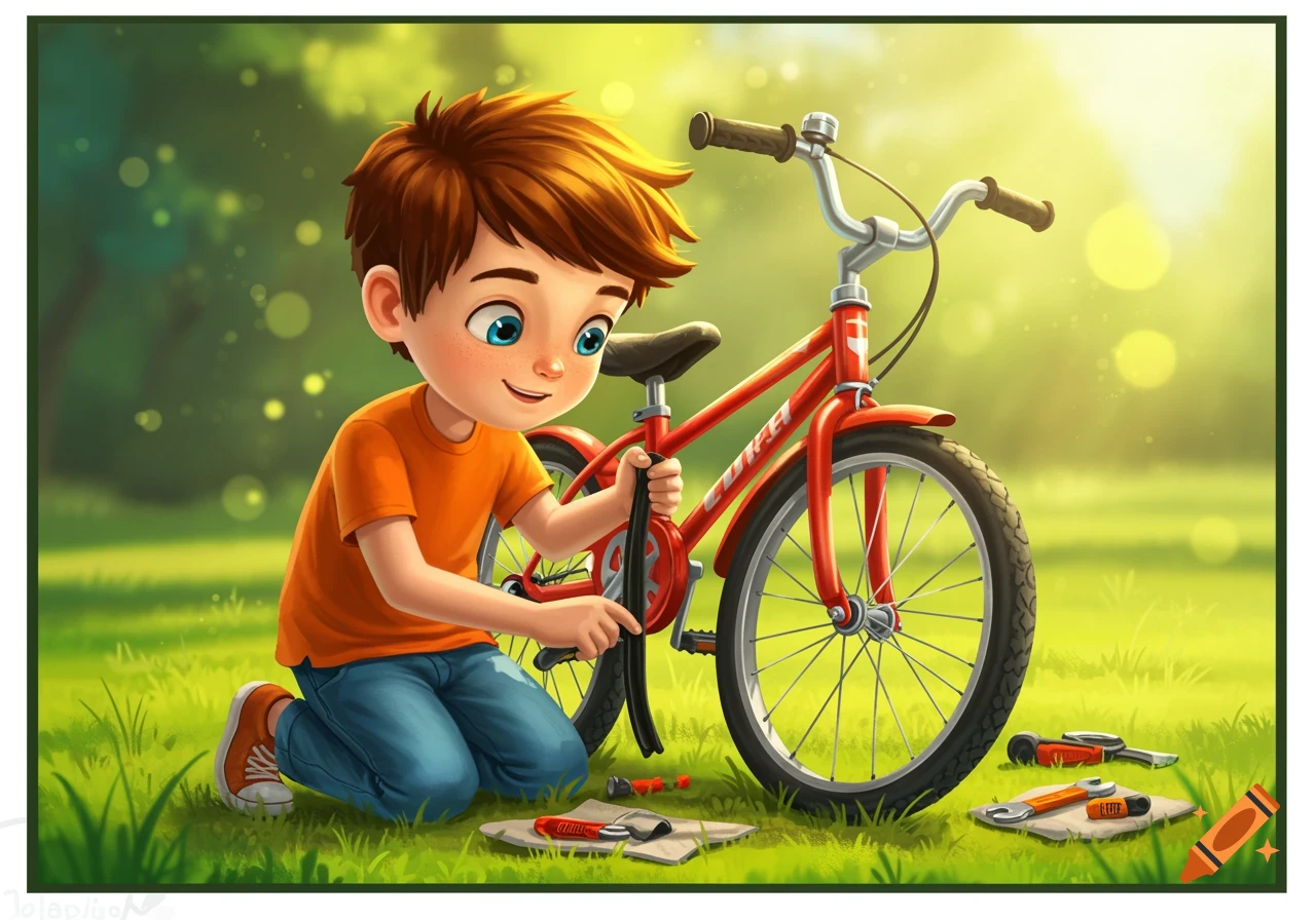 An illustration of a cartoon boy fixing a red bicycle outdoors with tools.
