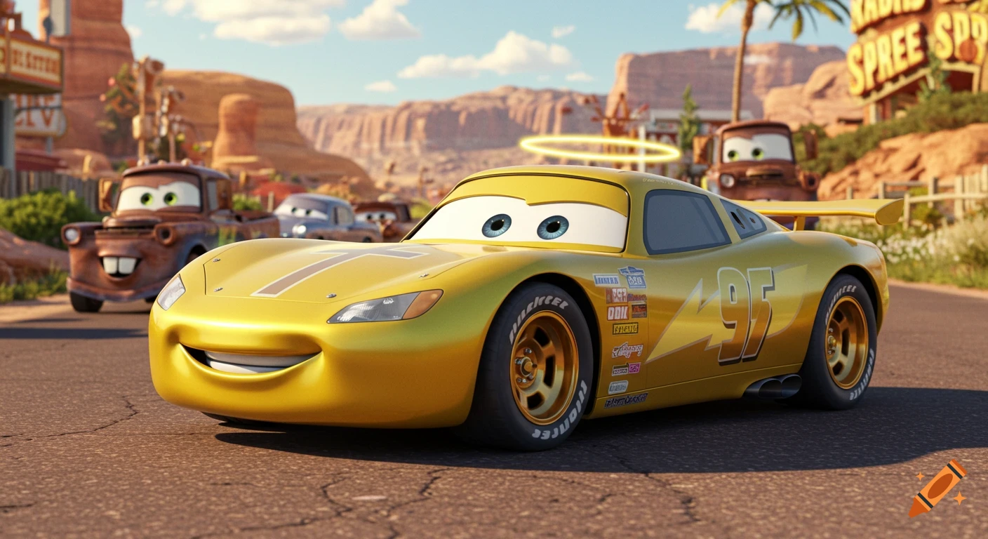 A gold anthropomorphic race car with a halo sits on a road in a desert town, CGI animation style.
