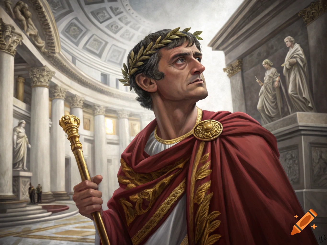 A man dressed as a Roman emperor, wearing a red cloak and a laurel wreath, holds a staff in a large, detailed classical building.