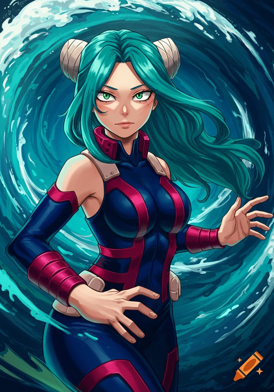 Anime character with green hair and horns in a blue and pink suit with a water background.