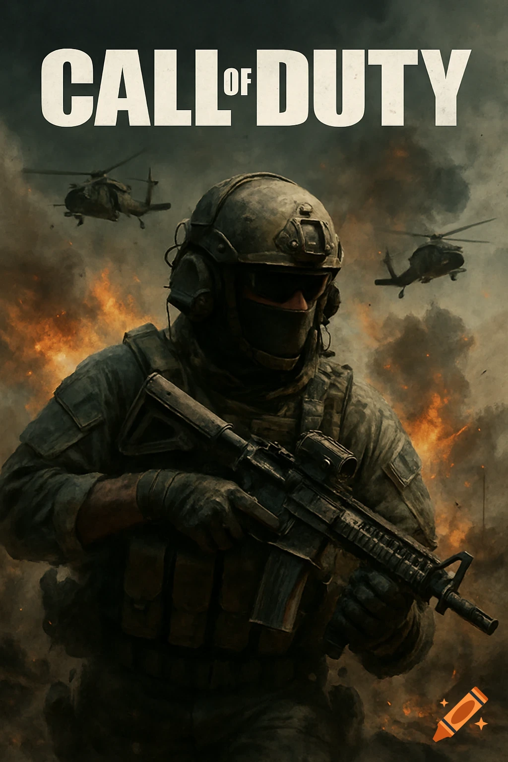 Call of Duty art cover showing a soldier holding a rifle with helicopters and explosions in the background.