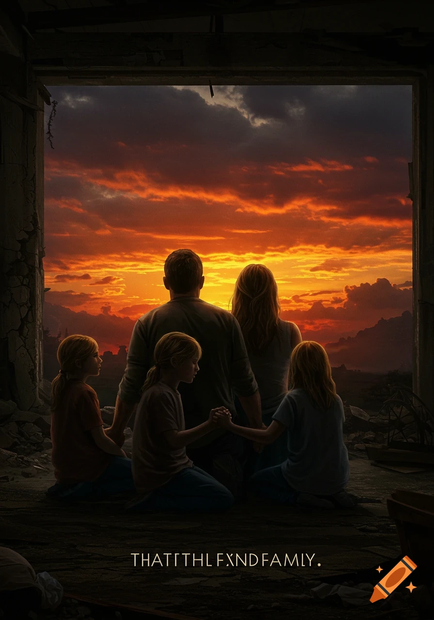 A family looks at a dramatic sunset from inside a ruined building.
