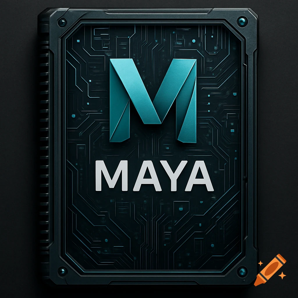 A sci-fi digital notebook cover featuring a stylized blue M logo and the word MAYA over a circuit board pattern.