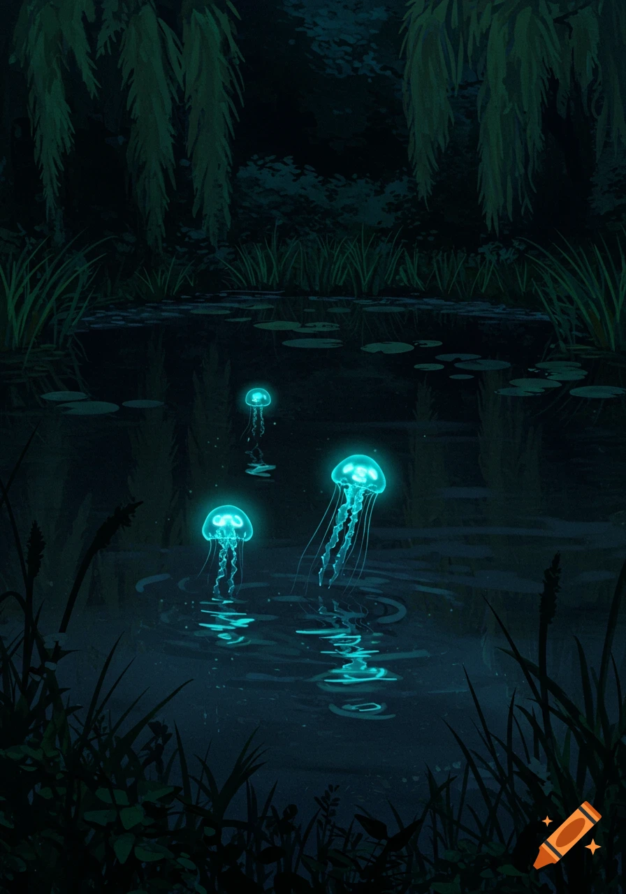 Glowing blue jellyfish float in a dark pond at night, illustration style