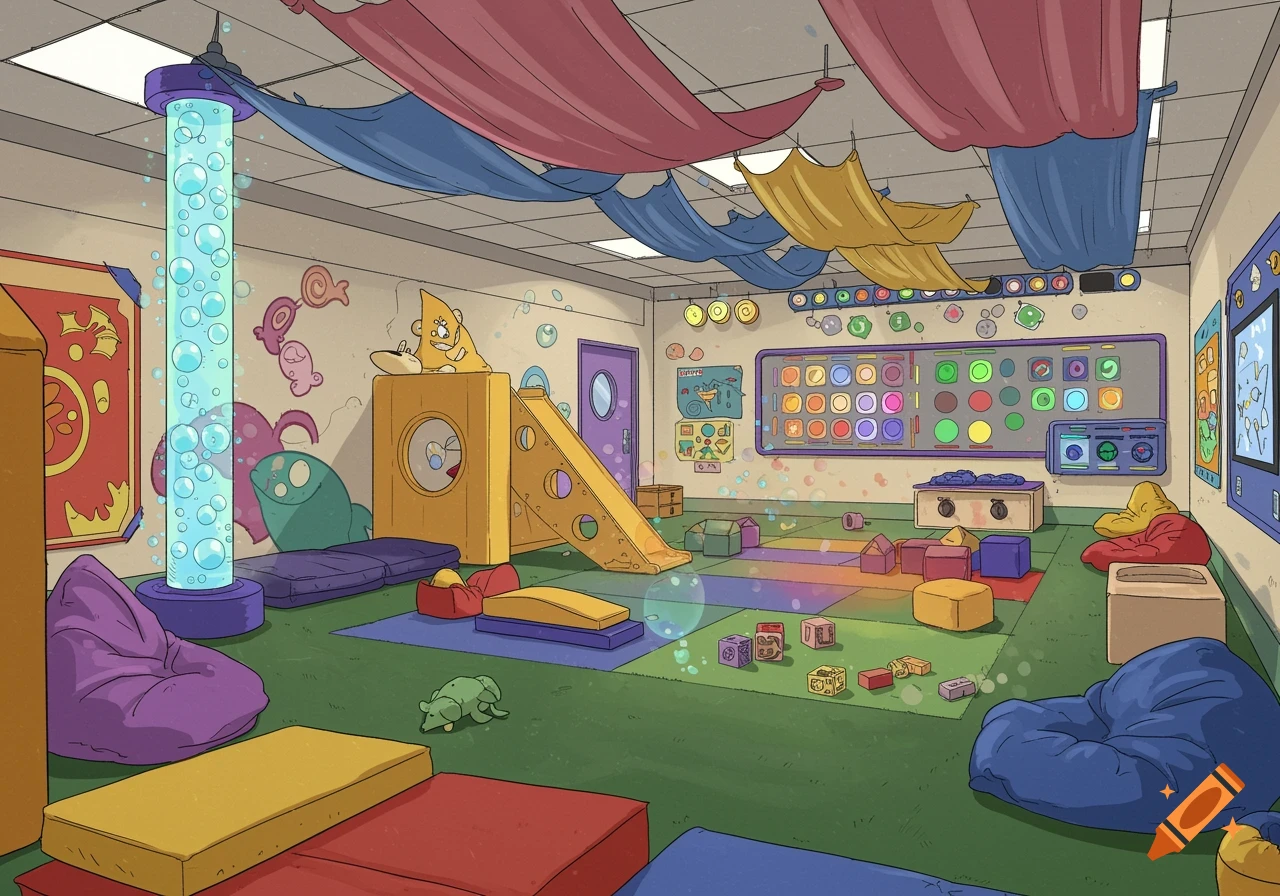 Cartoon illustration of a colorful sensory room with play equipment, mats, bean bags, building blocks, and a bubble tube.