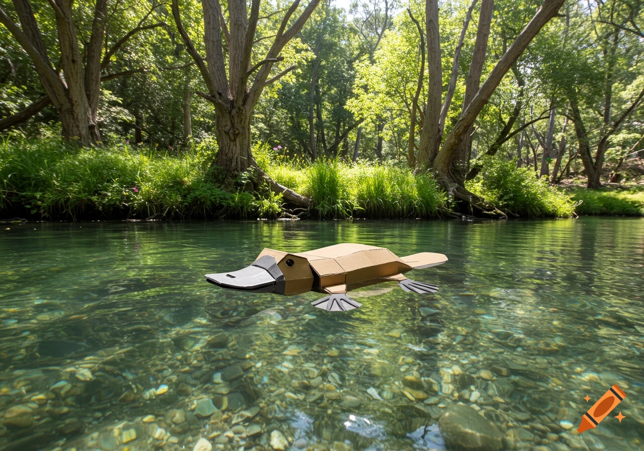 A cardboard platypus floats in a clear river surrounded by trees.