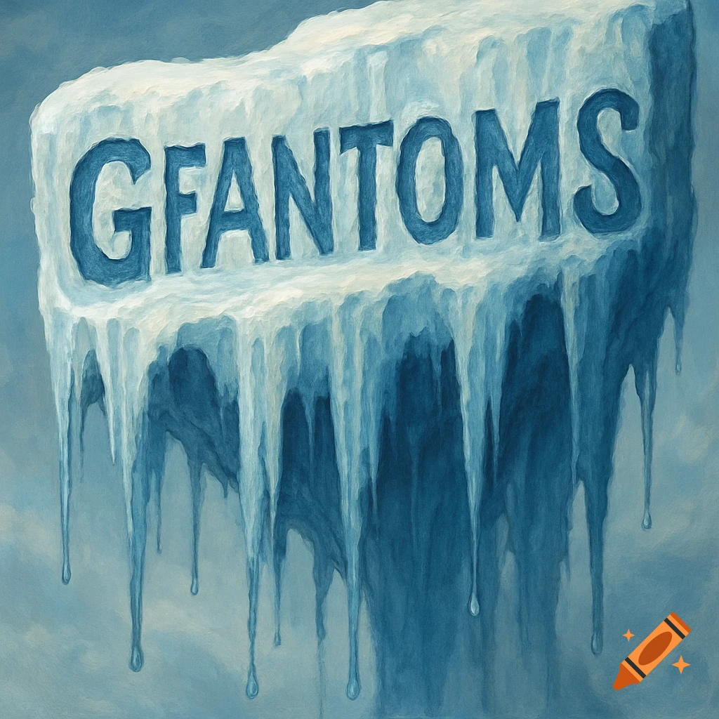 Painting of a block of ice with the name GFANTOMS carved into it, dripping icicles.