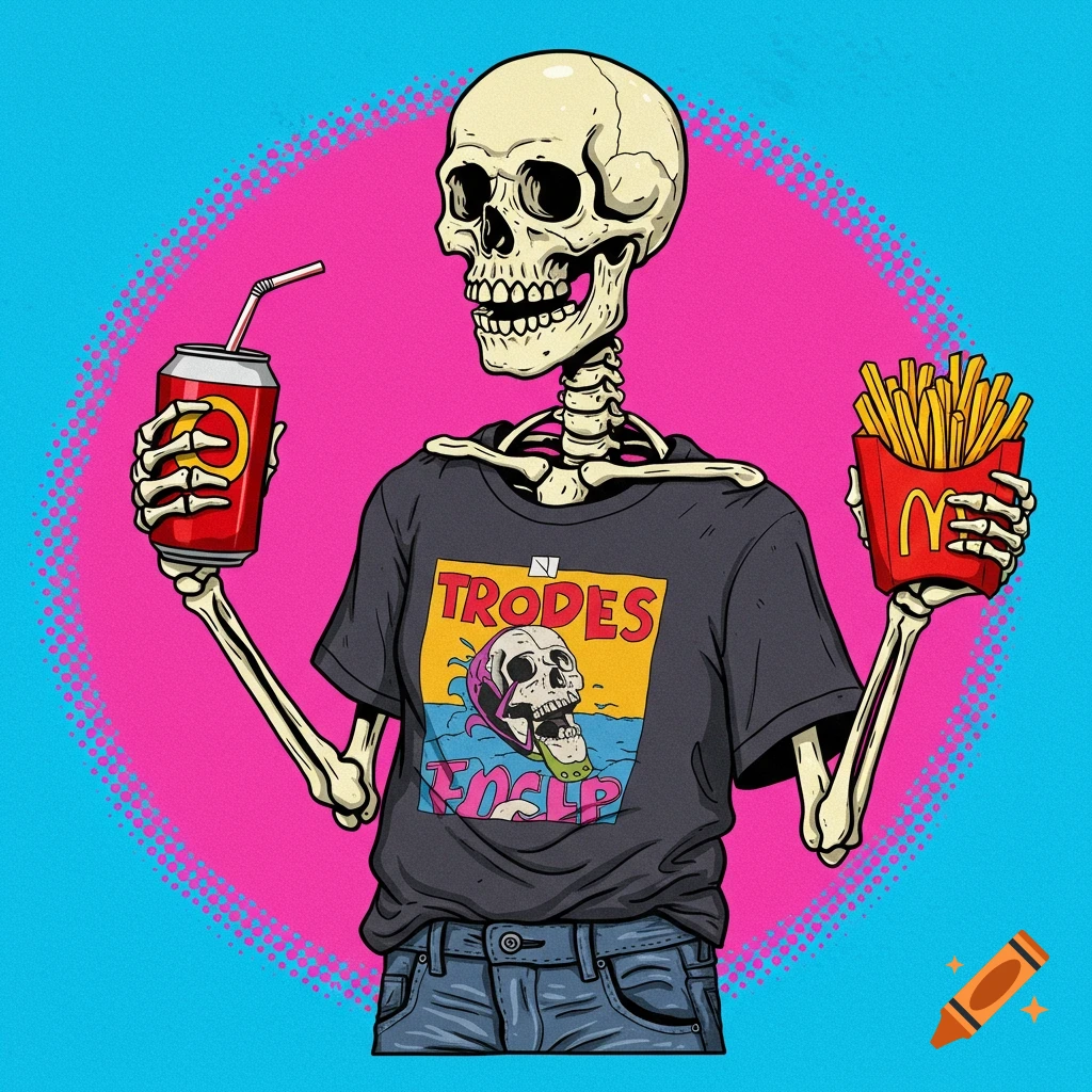 Pop art illustration of a skeleton holding a soda can and french fries.