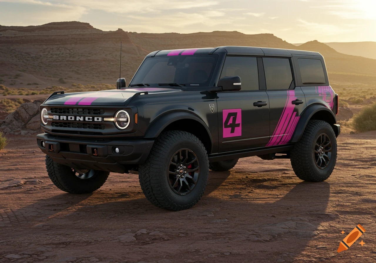 Black Ford Bronco with pink racing stripes and number 4 in a desert.