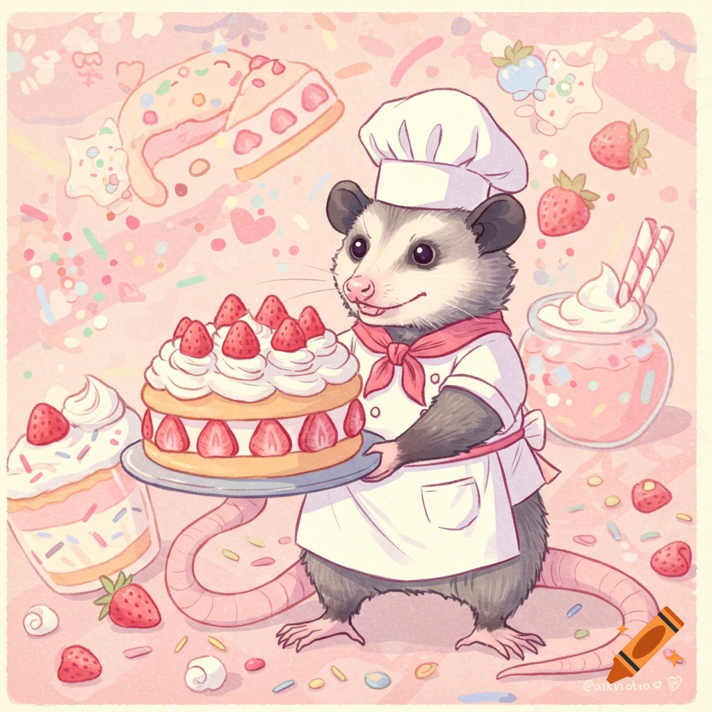 A cute illustrated opossum chef holds a strawberry shortcake surrounded by sweets.