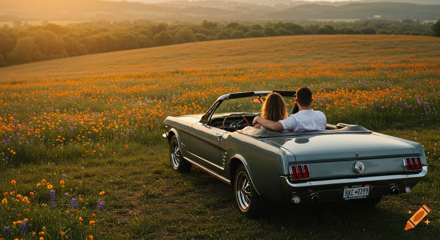 Couple in vintage convertible car in field of wildflowers at sunset.