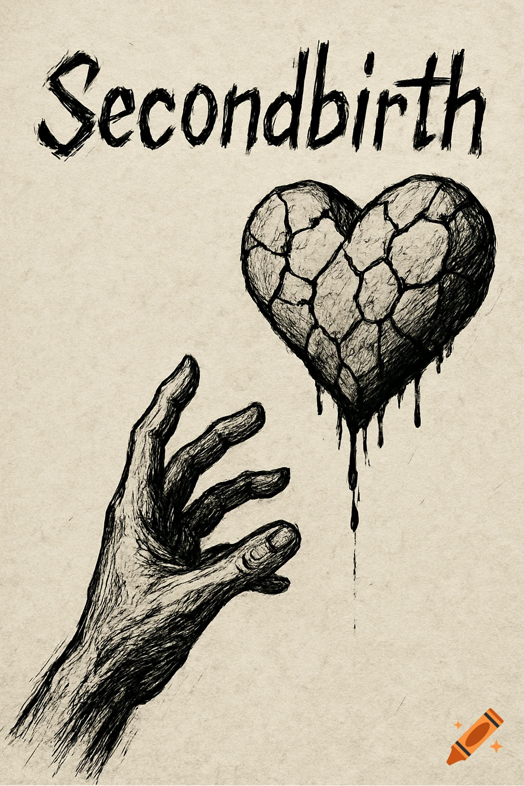 Black ink sketch of a hand reaching for a cracked, bleeding heart with the text 'Secondbirth'.