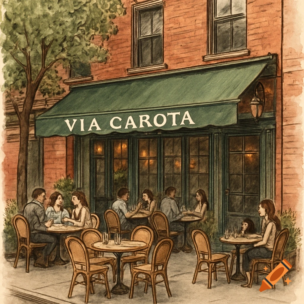 Watercolor illustration of a cafe facade with outdoor seating and people dining. A green awning reads "VIA CAROTA".