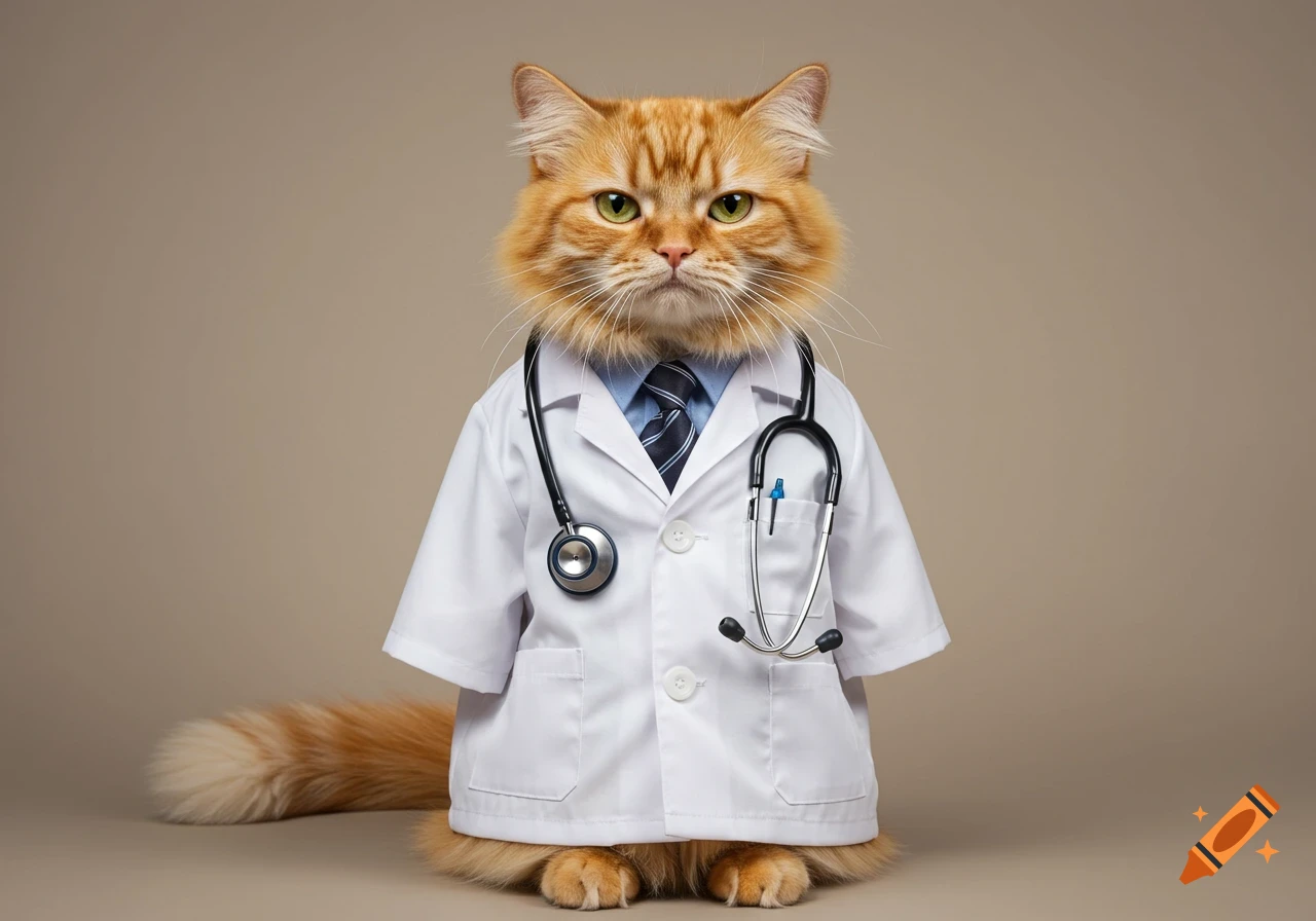 A grumpy orange cat wearing a doctor's white coat and stethoscope in a studio photo