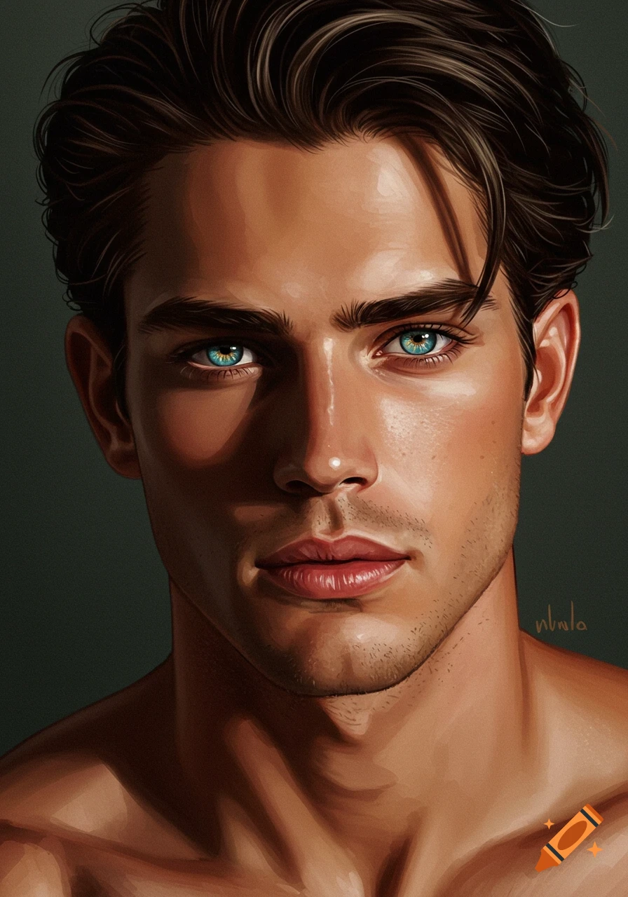 Close-up digital painting of a handsome young man with bright blue eyes and dark hair, dramatic lighting.