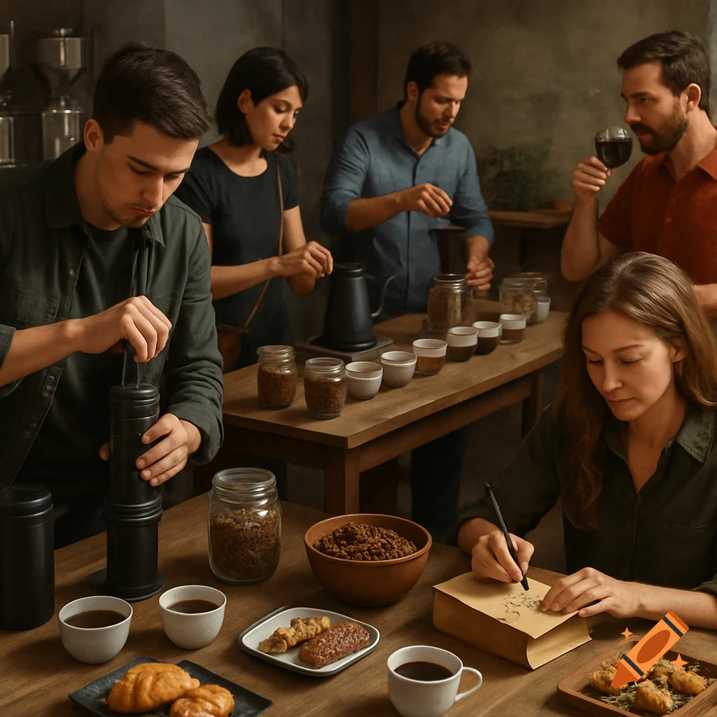 People tasting coffee and pastries around a table, photorealistic style.