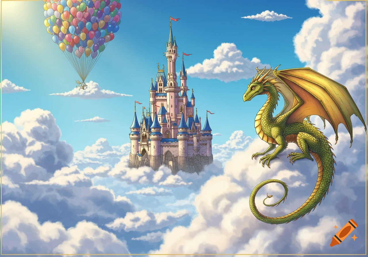 Illustration of a fantasy castle floating on clouds with a dragon and a ...
