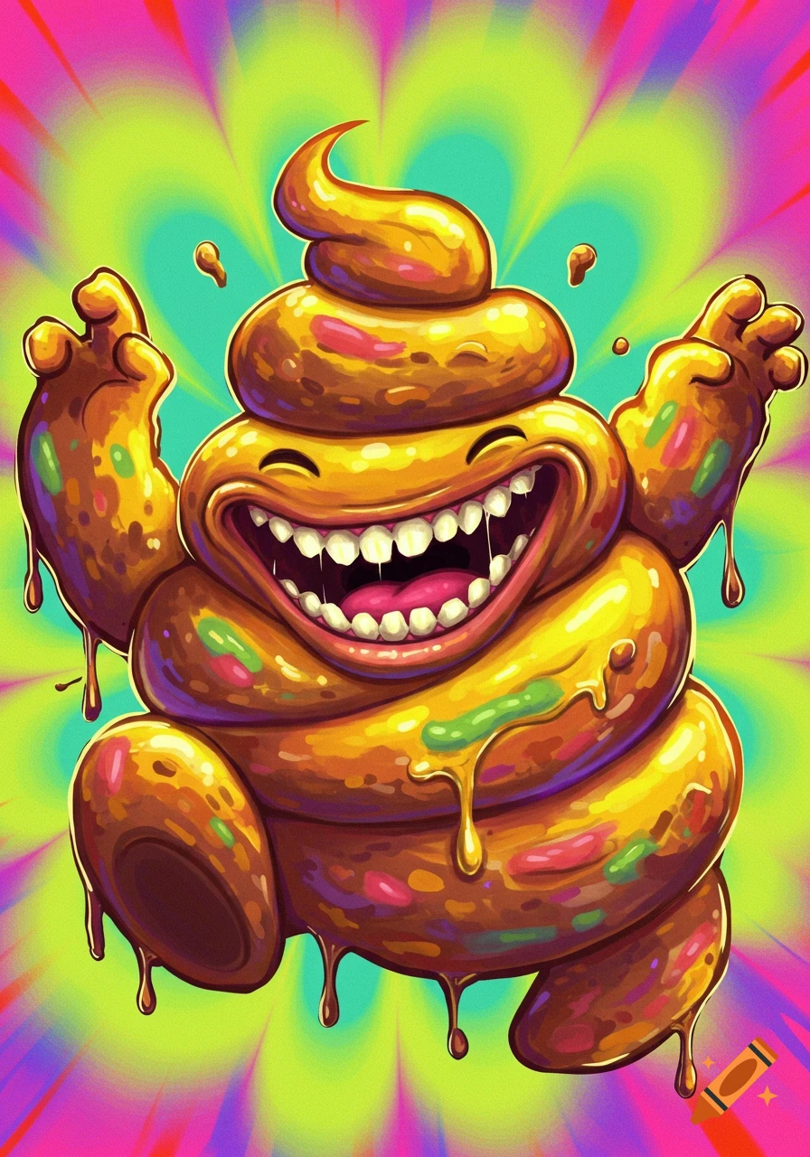 Cartoon poop monster with a wide grin and outstretched arms, dripping and covered in colorful sprinkles, on a vibrant radial background.