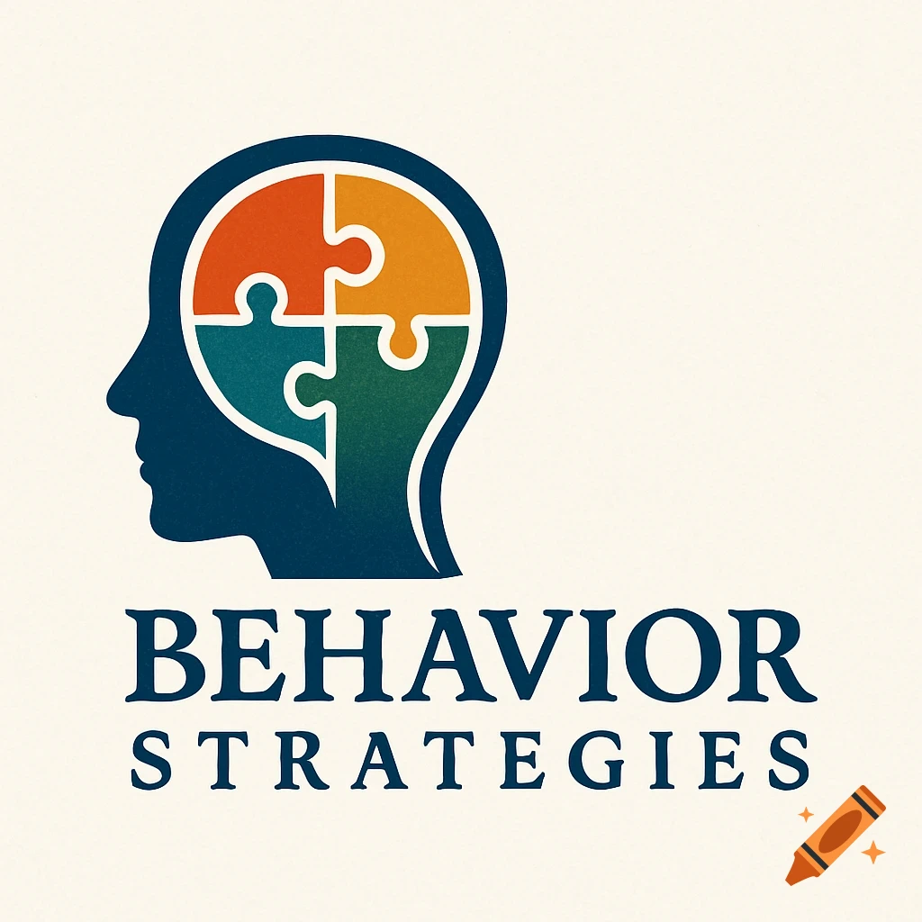Logo for Behavior Strategies featuring a head silhouette with colorful puzzle pieces inside.