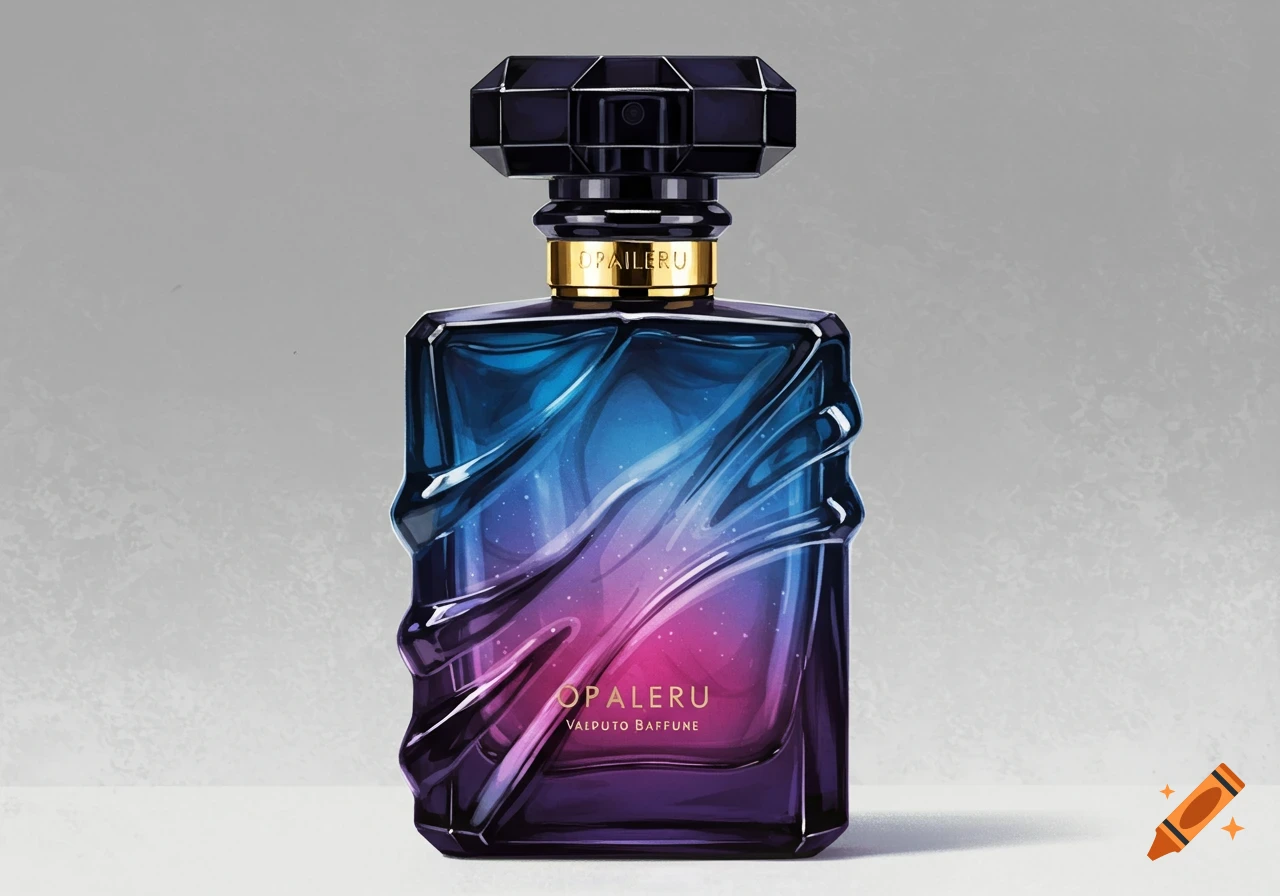 A stylish perfume bottle with a starry gradient inside, against a gray background.