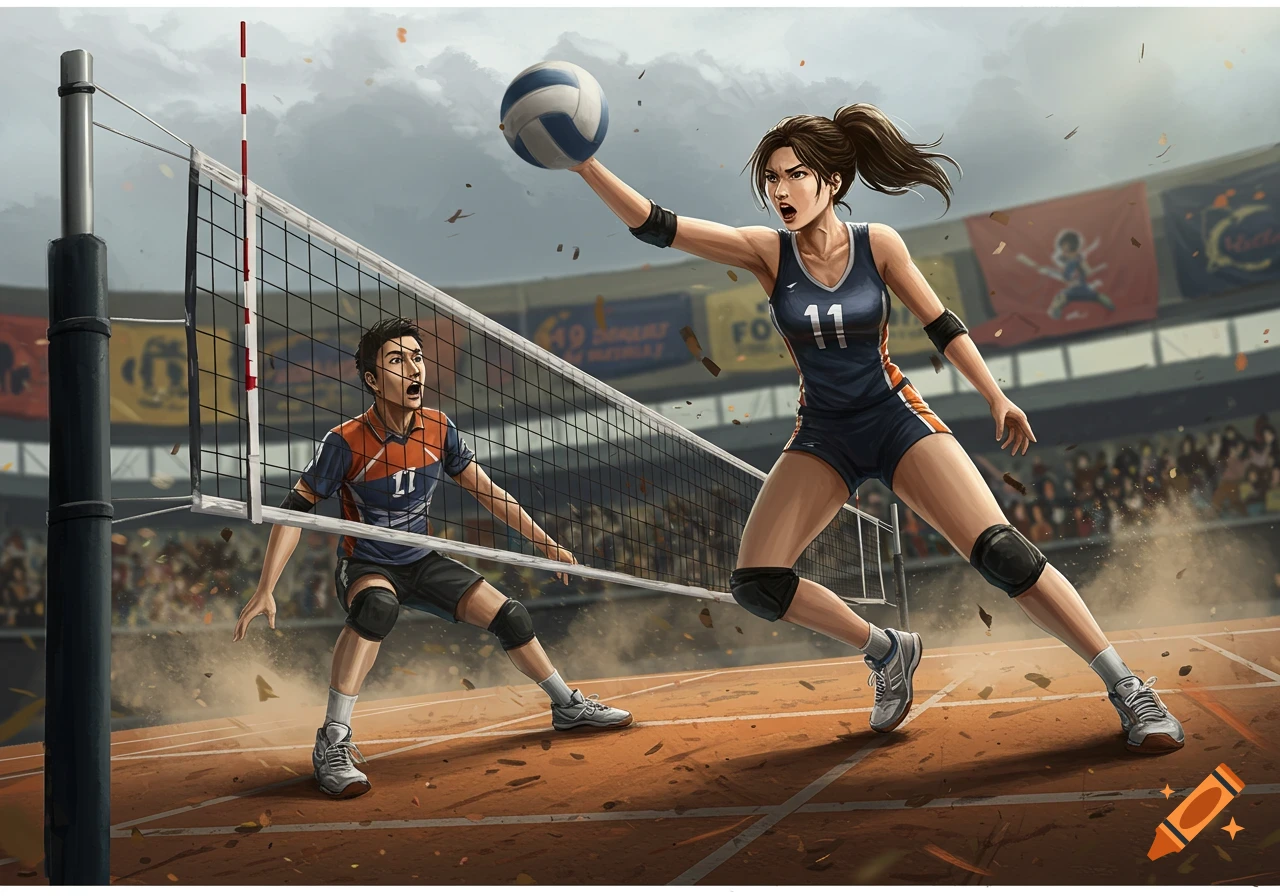 Illustrated image of a female volleyball player hitting a ball over the net during a game in a stadium, with a male player on the other side.