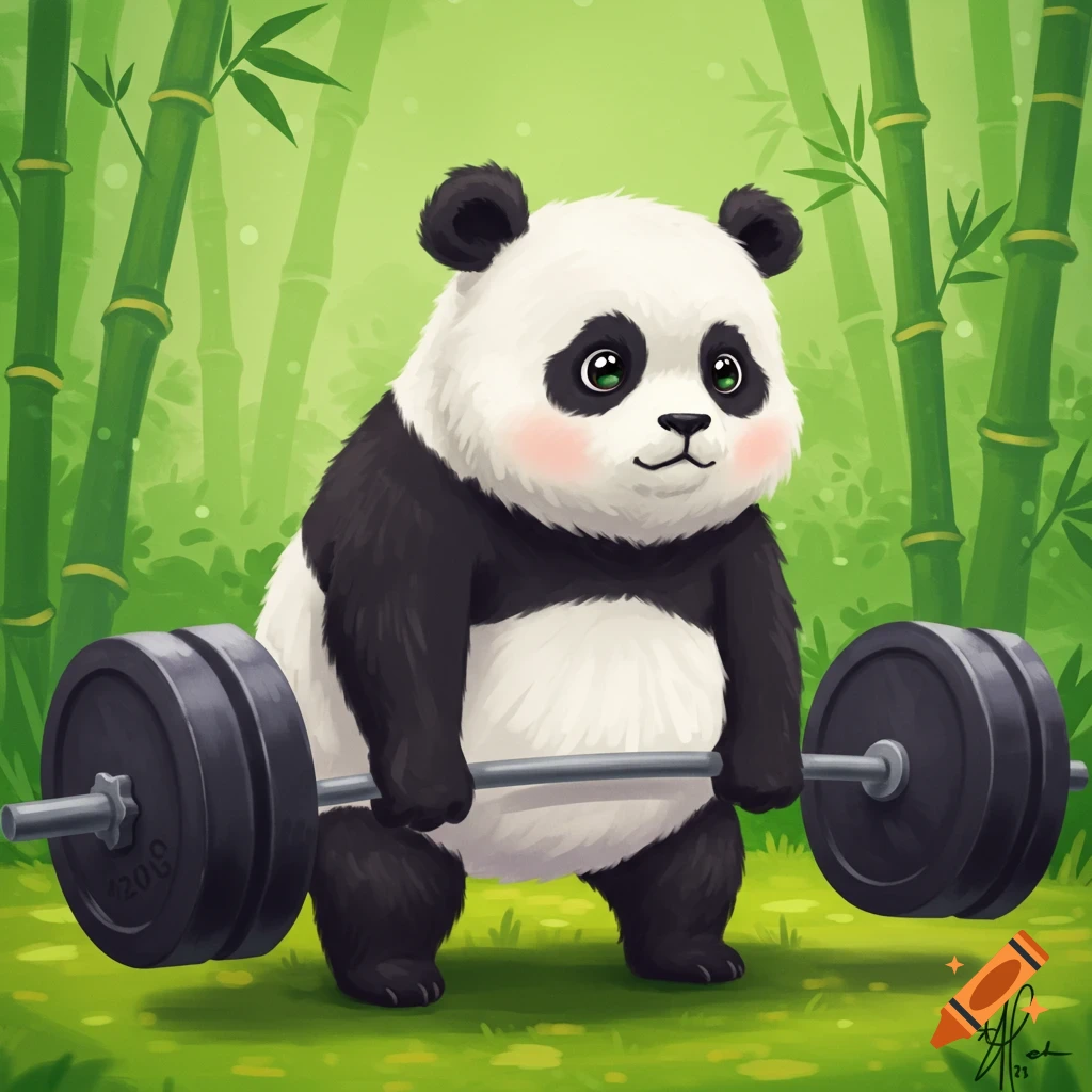 Cute panda lifting a heavy barbell in a bamboo forest, illustrative style.