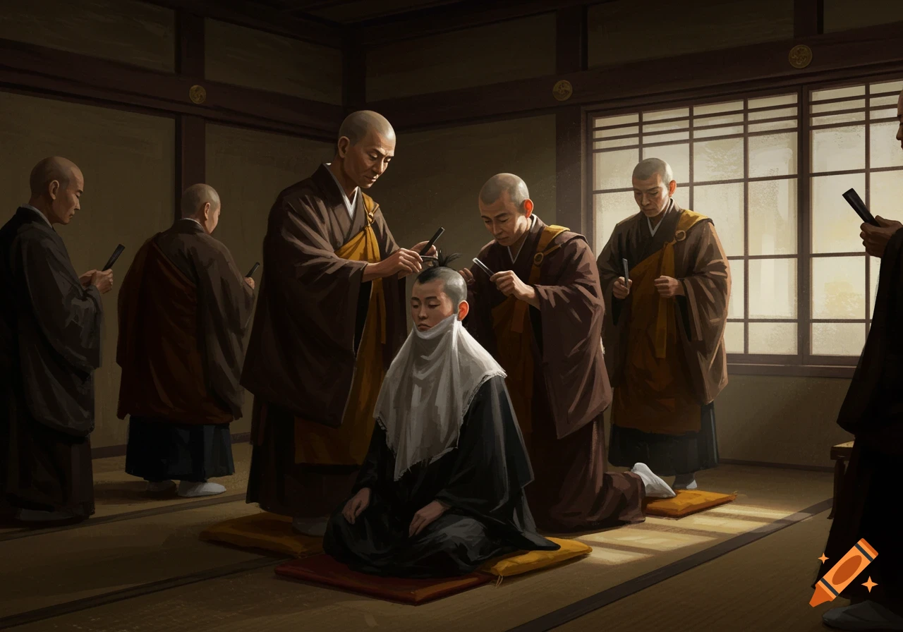 Illustration of several monks shaving a young person's head in a traditional room.