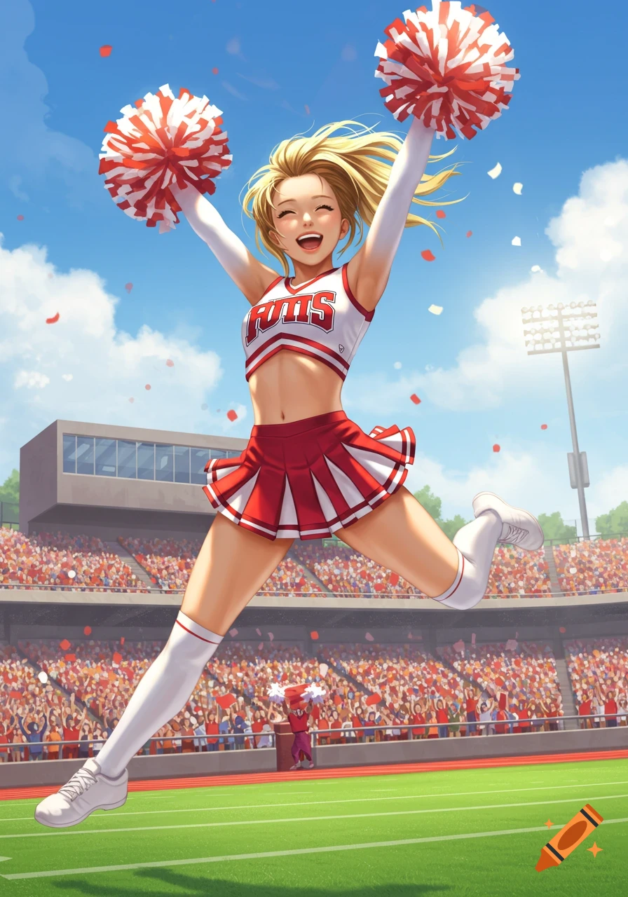 Anime illustration of a blonde cheerleader jumping with pom-poms at a football stadium.