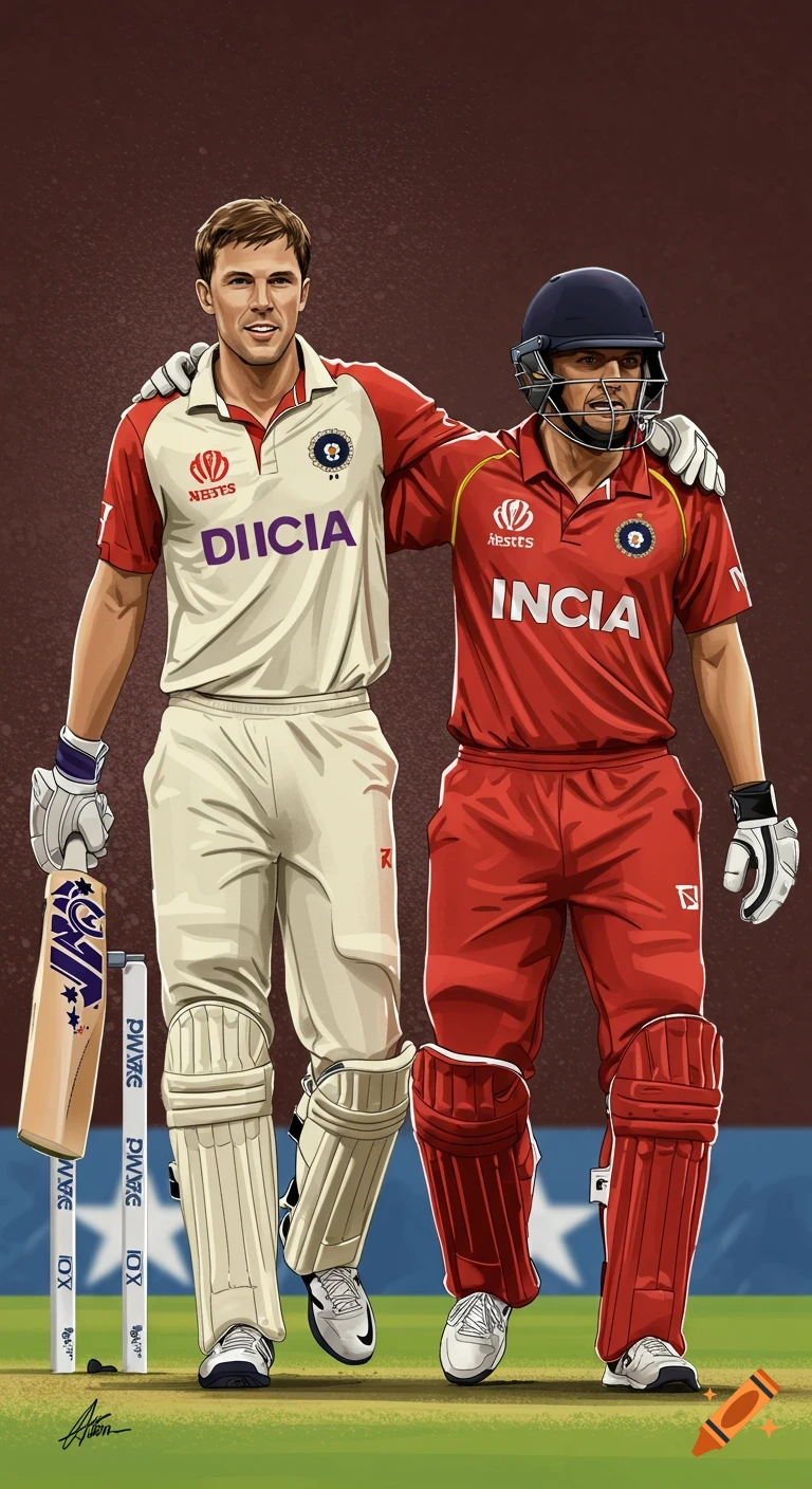 Illustration of two male cricket players standing together on a field with bats.