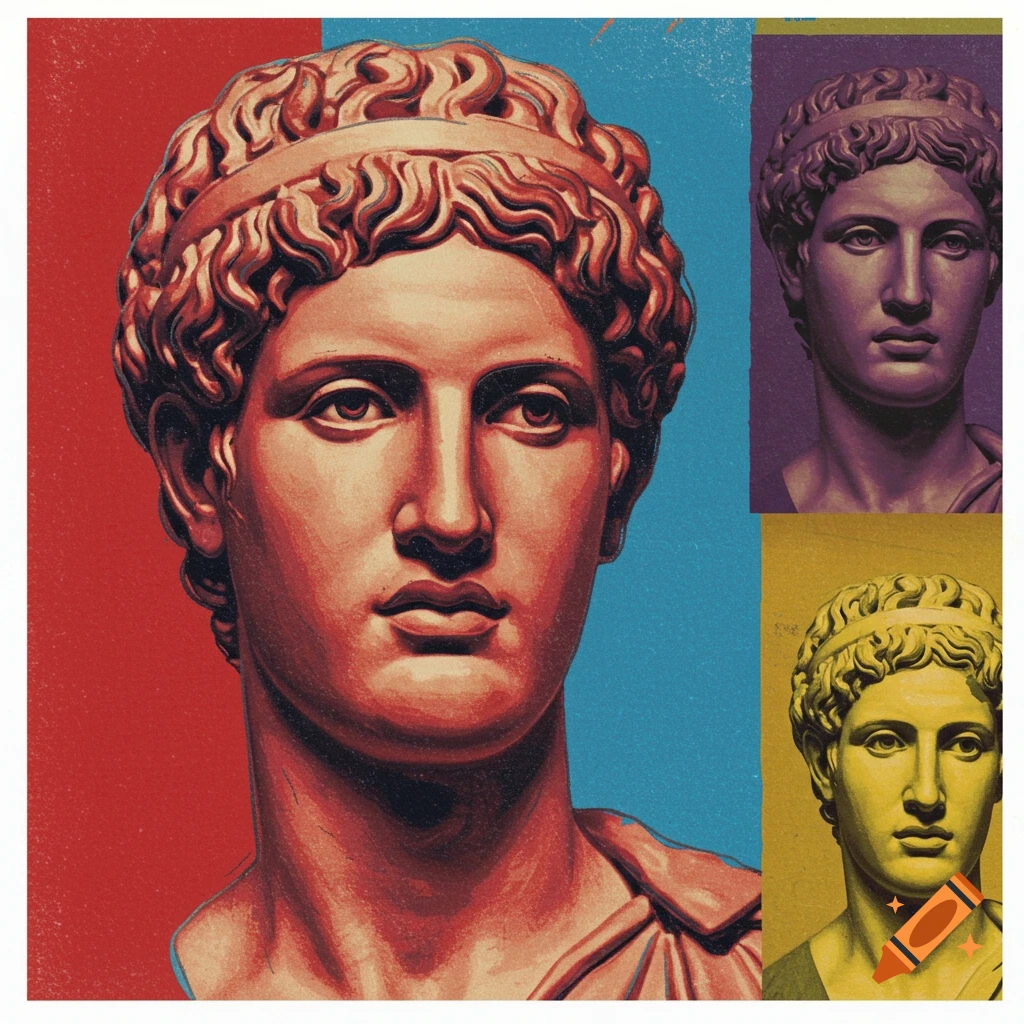 Pop art style image of a classical bust with split-color backgrounds