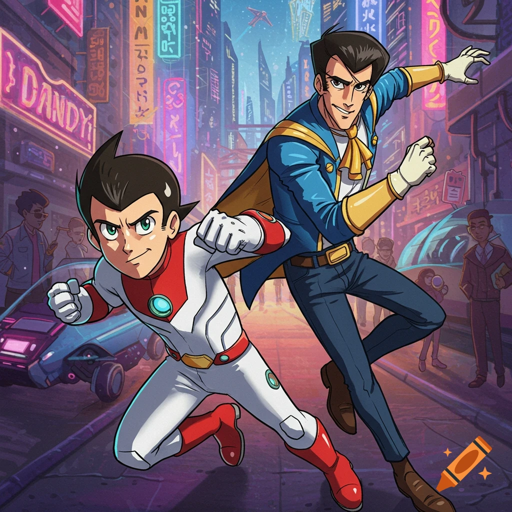 Two anime characters, one in white and red like Astro Boy, the other in a suit and cape, run through a neon cyberpunk city street.