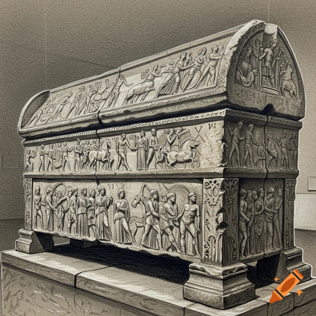 A hand drawing of an ancient sarcophagus with detailed relief carvings of figures and horses.