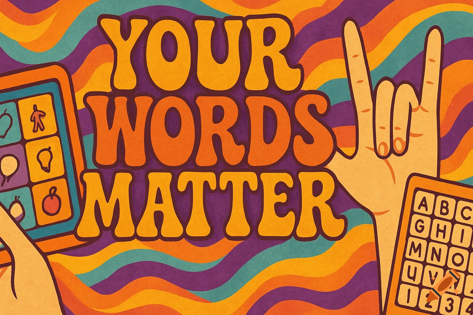 Groovy illustration with 'Your Words Matter' text, hands near an AAC device and a coreboard with letters.