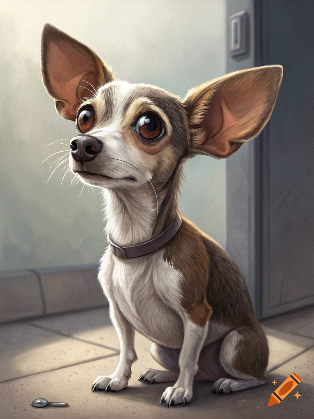 A cartoonish small dog with large ears sits on the floor looking up.
