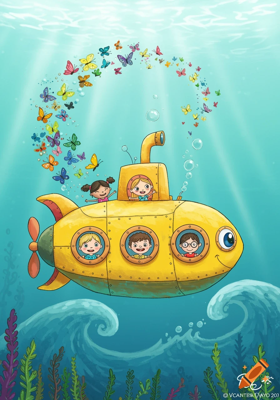 Cartoon illustration of a yellow submarine with kids and butterflies underwater.