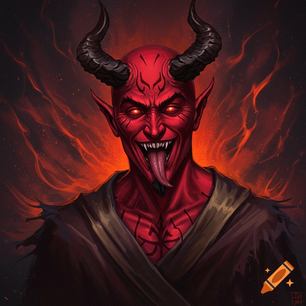 Digital painting of a grinning red devil with horns, sharp teeth, and tongue out against a fiery background.