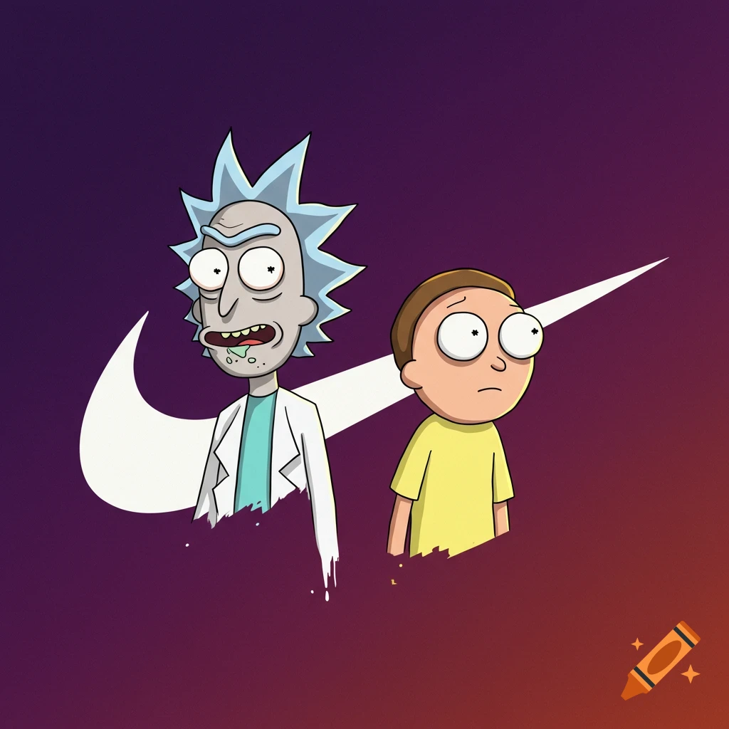Rick and Morty characters in front of a Nike swoosh.