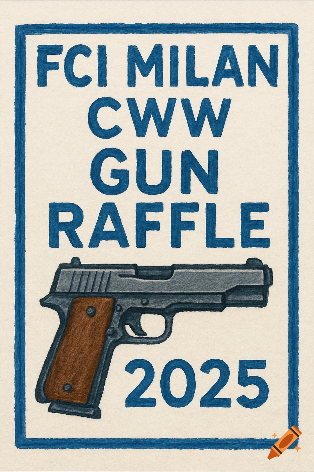 Poster with text 'FCI Milan CWW Gun Raffle 2025' and an illustration of a handgun