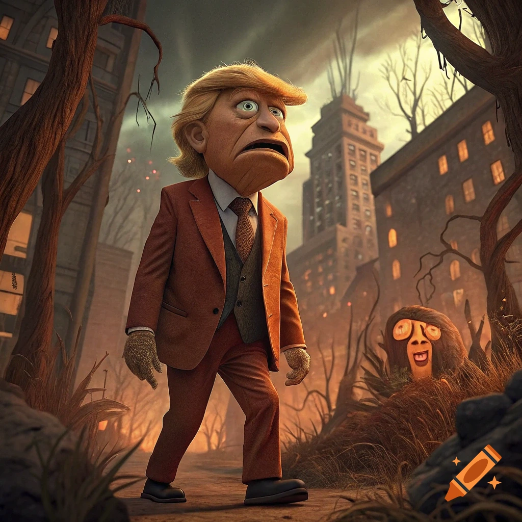 A puppet-like caricature of Donald Trump walks through a surreal, dark urban landscape.