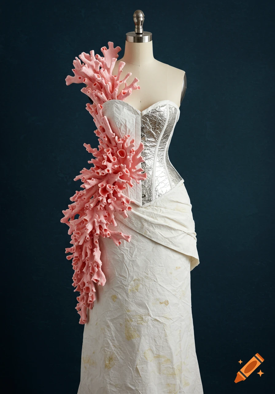 A dress on a mannequin featuring a silver corset, white draped skirt, and cascading pink coral-like decoration.