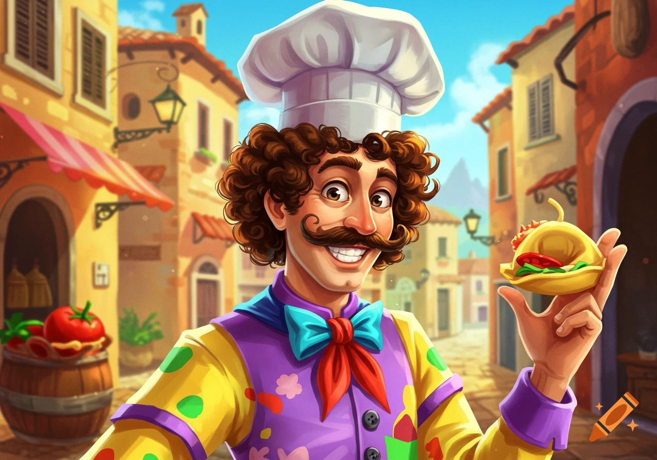 Cartoon chef holding a tortellini in an Italian village setting.
