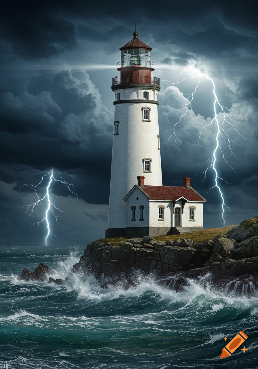 A lighthouse stands on a rocky coast during a thunderstorm with lightning and crashing waves, photorealistic style.