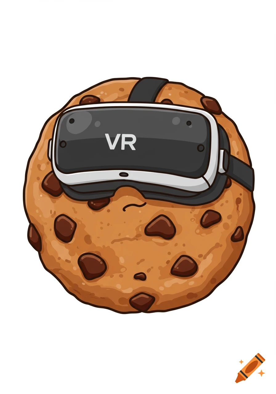 Cartoon chocolate chip cookie wearing a VR headset.