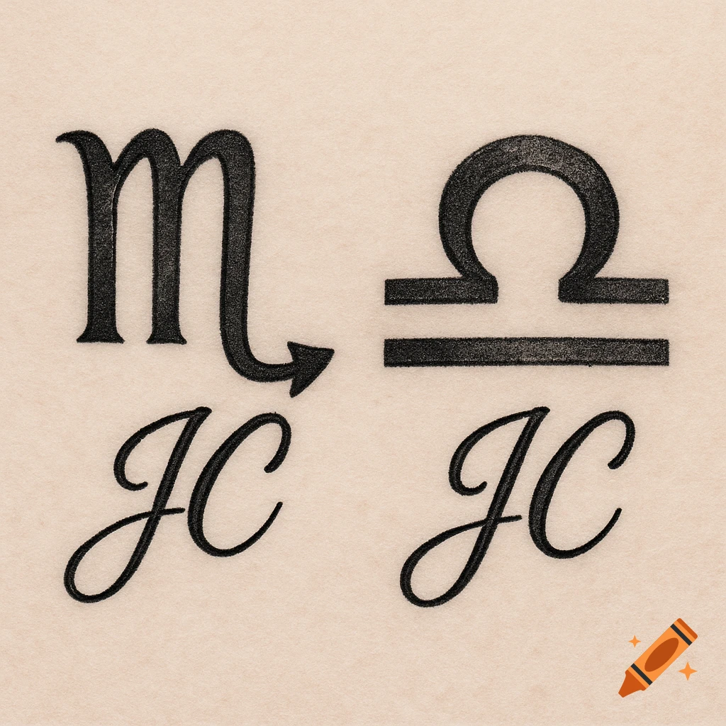 Scorpio and Libra zodiac signs with JC initials, in a drawn style.