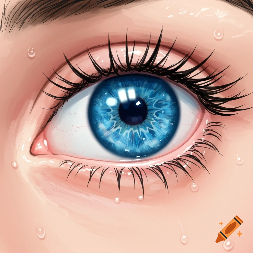 Close-up anime illustration of a blue eye with water droplets and wet eyelashes.