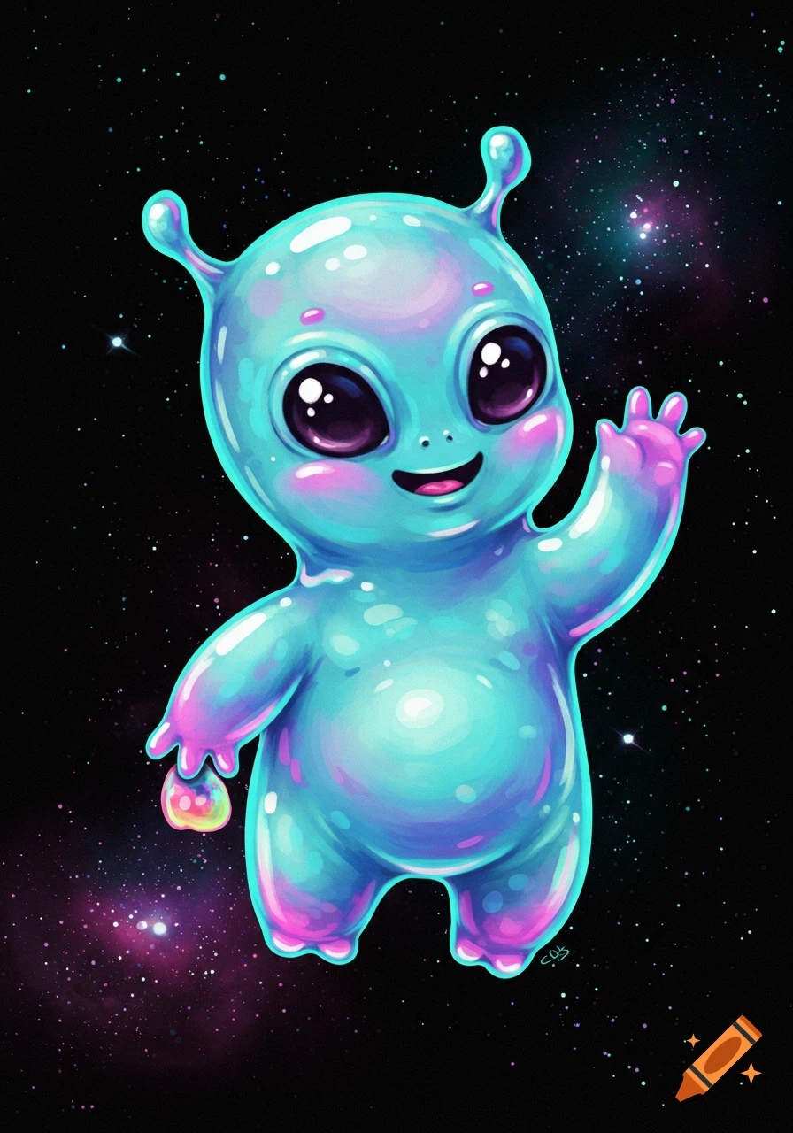 A cute, glowing blue and pink cartoon alien waves in space.